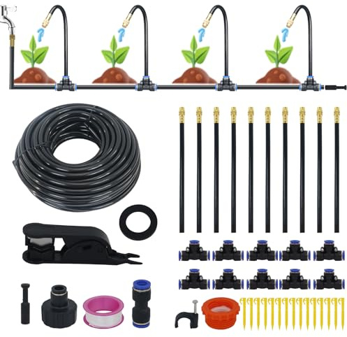 Droppbevattningsset för trädgård, växthus och upphöjda sängar – 15 m/49,5 fot fördelningsslang, 1/4 tum mikro-droppare och sprinkler – automatiskt bevattningssystem med 15 spraymunstycken och robusta