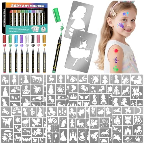 Marcador de tatuaje temporal para la piel, 8 marcadores corporales de metal + 229 plantillas grandes de tatuaje para niños y adultos, punta de pincel flexible, colores brillantes, pintura corporal DIY