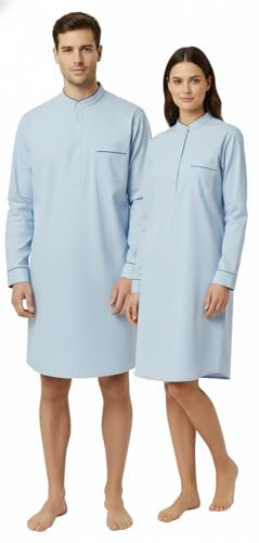Von Scharfenberg Camicia da notte unisex con colletto alto e abbottonatura | Camicia da notte a maniche lunghe per uomo e donna | azzurro, corta, in cotone, Blu, M