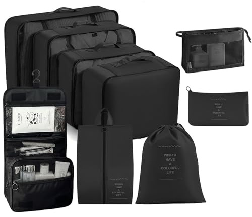 BAOWUABJ 9 cubi da imballaggio per valigie, organizer da viaggio impermeabile, grande capacità, con rete traspirante, accessori da viaggio durevoli (nero)