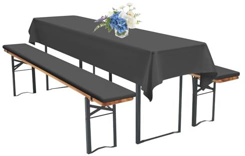 FXKS 2er-Pack 220x25x3cm XL waschbar Bierbankauflage Gepolstert und 1 Packung 250x100cm Rechteck Polyester Bier Tischdecken für Party Outdoor & Indoor Gebrauch (Dunkelgrau,Wasserdicht)