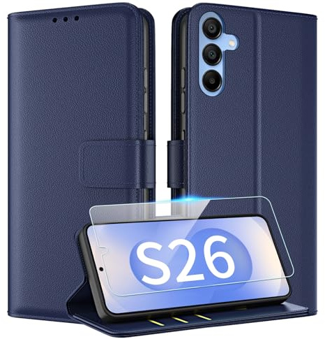 TQIAHF Cover per Samsung Galaxy S26 Cover Custodia con Vetro Temperato Pellicola a Libro in Pelle Porta Carte Libretto Portafoglio Flip Case Antiurto Telefono Custodia,Blu Scuro
