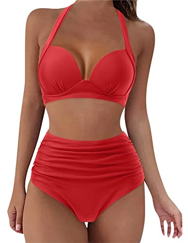 Women's Bikini Set Sexy Elegant Two Piece Swimsuit V Neck Triangle Swimsuits Push Up Bikini Tummy Control Swimsuit Bikini Bottoms Bikini Tops with Padding Without Underwire, red, M