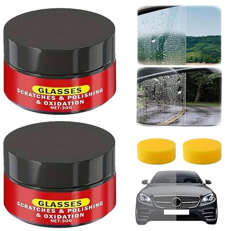 2 Pcs Glass Scratch Remover, Car Glass Cleaner for Car Glass Polish, Car Window Windscreen Cleaner, 30g/1.05oz Glass Emulsion with Sponges for Windscreen Mirrors Windows Scratch