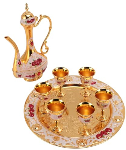 BSTCAR Turkisk Tekanna och Koppar, Vintage Turkisk Kaffekanna Set Zinklegering Metall Tekanna Kopp Set med Bricka för Hembar Tefest Bröllop (Guld Vit Röd)