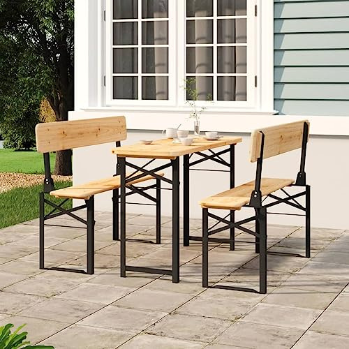 YunCangg Lot de 3 tables de bière pliables en bois de sapin massif avec structure en métal, 115,5 x 46 x 75 cm, 2 bancs, résistant aux intempéries et peu encombrant, pour jardin, terrasse, balcon