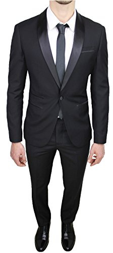 Mat Sartoriale Abito Completo per uomo Sartoriale Raso Nero Lucido Vestito Smoking Slim Fit Aderente (60)