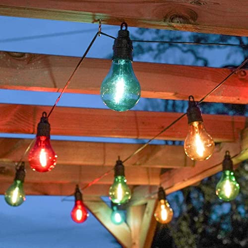 Festive Lights - 4.5m Mains Powered Plug in Multi Coloured A60 Festoon String Lights - 10 Filament Effect LED Bulbs, IP44 Rated, Indoor & Outdoor Use - Black Cable, 5m Lead, Pre-Mounted Hooks