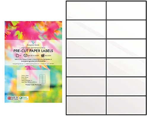 Evergreen Goods Precut Glossy White Sticky Back Address Shipping Labels | Strong Self Adhesive Mailing Printing Paper | Inkjet & Laser Printable | 2x6, 12 per A4: 360 Labels in Total | 30 Sheets