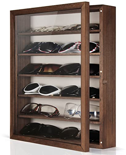 TJ.MOREE Sunglasses Organizer Storage Wall Mounted: 13 x 15.6 inches Eyewear Display Case 6 Tier Rustic Wood Eyeglasses Holder Large Glasses Storage Box, Brown
