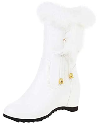 Woaikeyu Botines Mujer Botas de Nieve Invierno Cálido Polar Moda Cuero Sólido felpa Cremallera lateral Interior Botas cortas de algodón con tacones de cuña, blanco, 37 EU