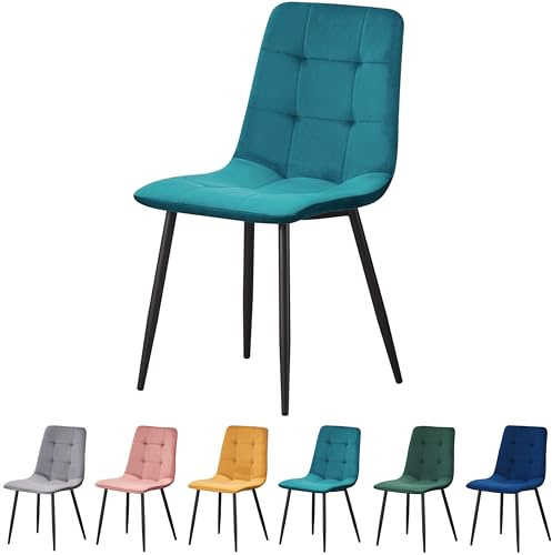 MOF Dining Chair, Velvet Dining Chairs with Padded Seat and Backrest, Sturdy Metal Legs - Accent Chair for Kitchen, dining room, living room or home office (Teal Check)