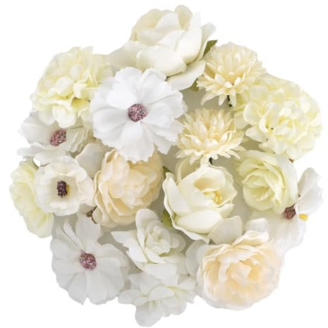 Mini Fiori Artificiali, 20 Pezzi Teste di Fiori Artificiali per Artigianato, Fiori Decorativi Artificiali, Teste di Fiori di Rosa Margherita Finta per DIY Matrimoni Festa Casa Decorazioni (Bianco)