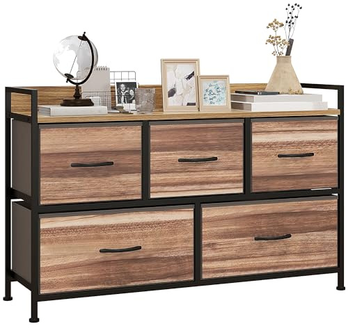 HOMCOM Commode Meuble de Rangement 5 tiroirs en Tissu 98 x 29 x 63 cm Structure en Acier Noir