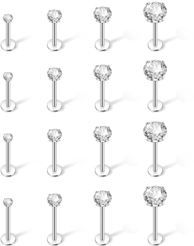 Leikedun 16Pcs Lip Studs Labret Piercing Jewellery 2/3/4/5mm Cubic Zirconia