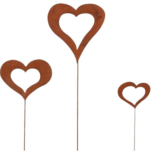 AOEVUIR 3 Pcs Set Herzen Stecker Gartendeko Rostdeko Gartenstecker Grabdekoration Grabschmuck Pflanzenstecker Metall Stahl Rost Edelrost Wetterfest Für Garten Beet Roststecker Deko Herzen