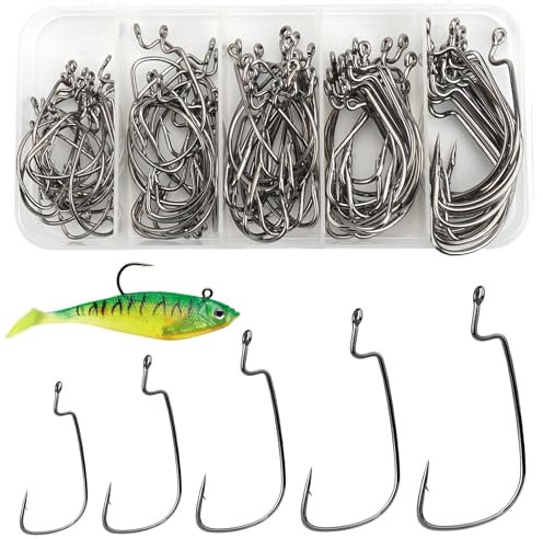 100 Stück Dropshot Haken,2#, 1#, 1/0#, 2/0#, 3/0# Offset Haken mit Widerhaken,Angel Haken mit Kunststoffboxen,Kohlenstoffstahl Angelhaken mit öse,Haken Angeln für Karpfen, Ansitzangeln, Einzelhaken