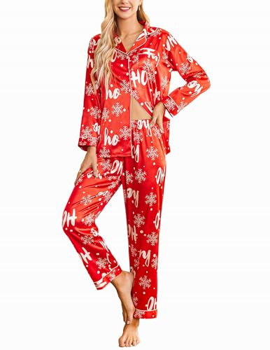 Ekouaer Women's Pyjama Set Silk Satin Long Sleeve Button Down Pyjamas Two Piece Christmas Sleepwear and Loungewear Set