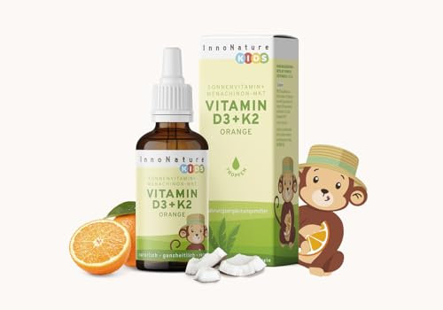 InnoNature Vitamin D3+K2 Kids Tropfen, Orange | mit Vitamin D für normales Wachstum, Entwicklung der Knochen & Immunsystem | 10ml, vegan