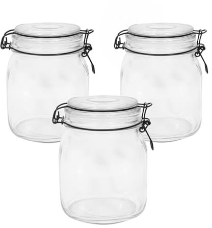 Glass Storage Jars with Lids 1L - Set of 3 | Clip Top Airtight Glass Storage | Perfect for Coffee, Tea, Pasta, Cereal, Biscuits & Dry Food | Clear Kitchen Organiser | Preserving & Spice Containers