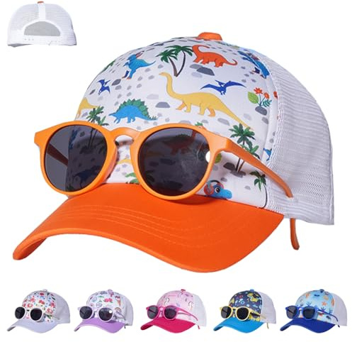 LUKIUP Set cappellino da baseball e occhiali da sole per ragazzi e ragazze, traspirante, in rete regolabile, cappellino per bambini, berretto da baseball per bambini ragazzi ragazze regali con motivi