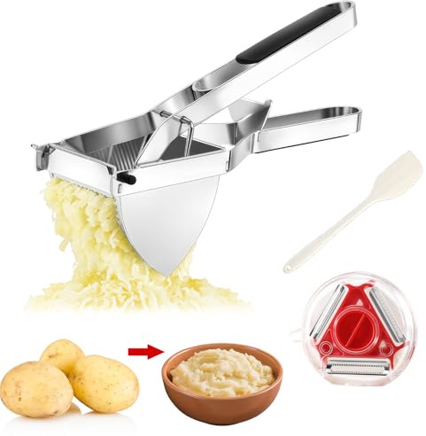 Prensa de patatas de acero inoxidable profesional con mango cómodo con 1 cuchillo pelador y 1 rascador para puré de patatas, zumos de frutas, puré de verduras, puré de patatas