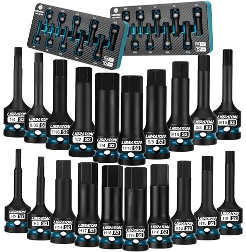 LIBRATON Impact Hex Bit Socket Set, 1/2 Dr, S2 Steel, Metric & SAE 20PCS (H5-H19 & 1/4-3/4) High Torque Sockets for Professional Mechanics & Automotive Repair (XPE Storage Cases)