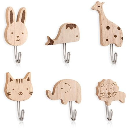 HMCEY 6 Pezzi Ganci Appendiabiti da Parete Adesivi,Ganci Adesivi Bagno Legno Animali,Attaccapanni da Muro Adesivo Bambini,Appendini da Muro Adesivo,Gancio Appendino CucinaGancio Autoadesivo Camera