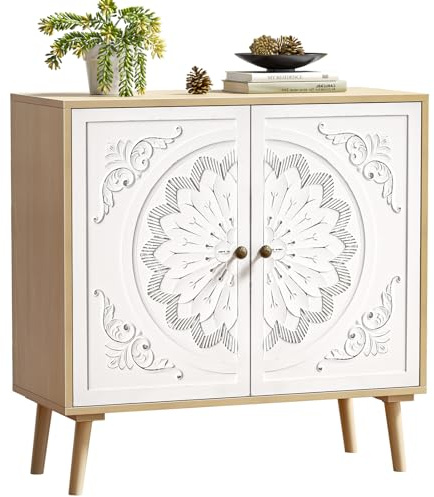 Skokliz Armoire d'appoint avec 2 Portes, Armoire sculptée décorative avec étagère réglable, armoires d'entrée pour Placard de Cuisine avec Rangement Credenza