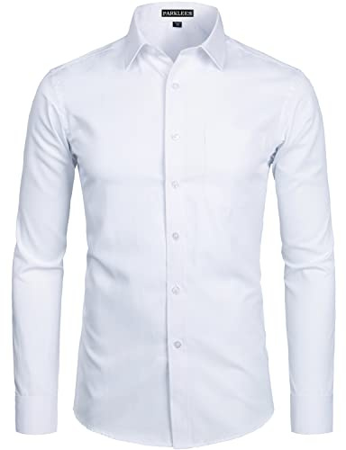 PARKLEES Men's Long Sleeve Dress Shirt Solid Slim Fit Casual Business Formal Button Up Shirts with Pocket White XL