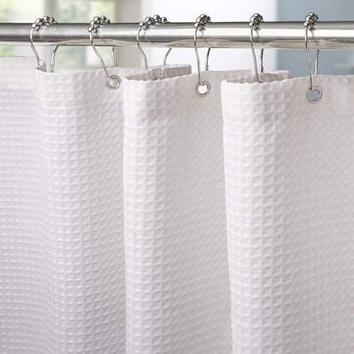 VANZAVANZU Waterproof Narrow Shower Curtain 92x182cm for Small Bathroom with Metal Hooks Waffle Fabric Shower Curtain Heavy Duty Bath Curtain for Wet Room Bathtub Shower Stall - White