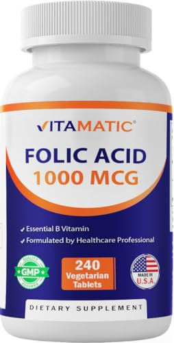 Vitamatic Folic Acid 1000 mcg (1 mg) - 240 Vegetarian Tablets - 1667 mcg DFE - Vitamin B9