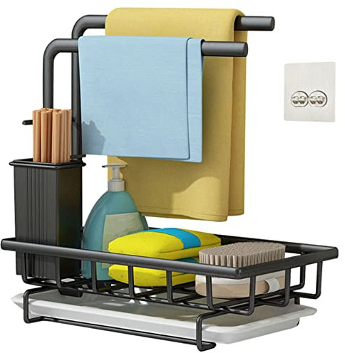 Spühlbecken Organiser Schwarz Caddy Organizer Utensilien Korb Organizer Spüle für Küche & Badezimmer mit Abflusspfanne, Klebstoff und Arbeitsplatte, Dual-Use Schale Halter Edelstahl (Schwarz+ Cup)