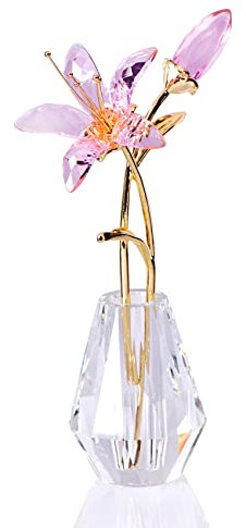 Kristall-Blumenfigur, Lilienblüte, Sammlerstück, Geschenke für Frauen, Glaslilie mit Kristall-Vase, Metallstiel, für Zuhause, Hochzeit, Party, Dekoration (Rosa)