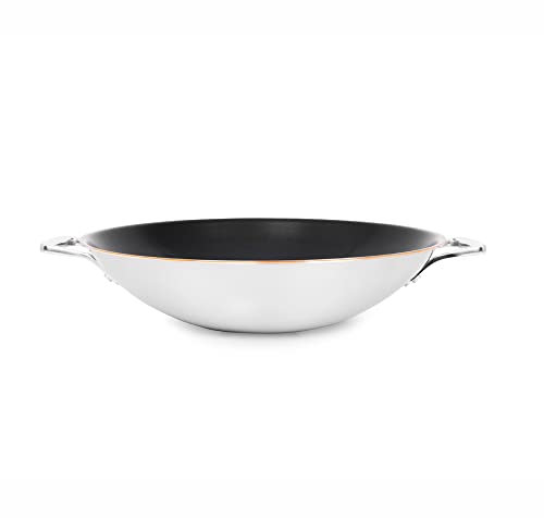 Olavson® Wok Kupferpfanne mit Antihaftbeschichtung aus 5-Schicht-Material, induktions- und spülmaschinengeeignet, wiederbeschichtbar, entwickelt in Deutschland (36cm beschichtet | Servierer)
