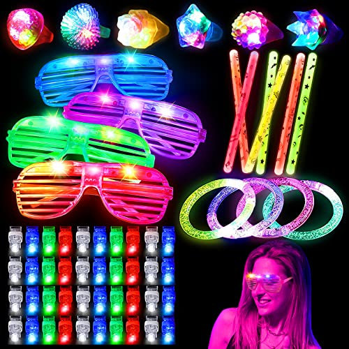 RuiAYI 60 Stück LED-Leuchtspielzeug, Partyzubehör, leuchtet im Dunkeln, Partyzubehör für Kinder/Erwachsene, Halloween mit 40 Fingerlichtern, 6 Gelee-Ringen, 4 blinkenden Gläsern, 4