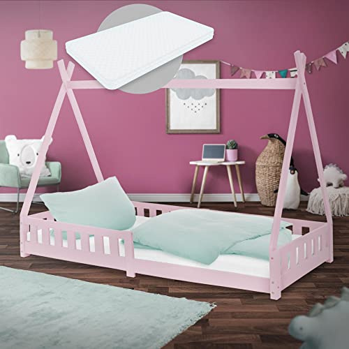 ML-Design barnsäng Tipi 90x200 cm Rosa med fallskydd och spjälram, furuträ, indisk säng av massivt trä för flickor och pojkar, hus säng med staket barnhus ungdomssäng lekbädd tält
