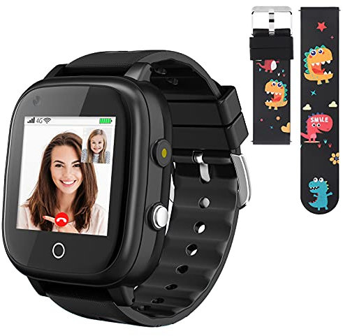 OKYUK 4G Smartwatch für Kinder, GPS-Tracker, mehrere Desktop-Stile zur Auswahl, Zwei-Wege-Anrufe, Bildkompetenz, SOS, WLAN, wasserdichter Touchscreen für 4–12 Jungen und Mädchen (Blau) (T5 Schwarz)