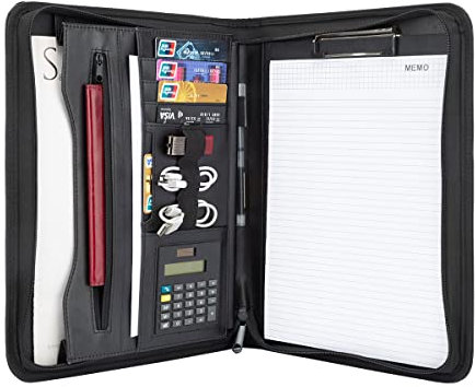 Leathario Schreibmappe A4, Konferenzmappe mit Reißverschluss, Portfolio Mappe Schreibblock Schwarz