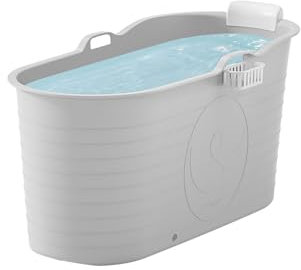 FlinQ - XXL Mobile Badewanne Erwachsene mit Badeaccessoires - 120 x 53.5 x 61 cm - Komfortable Sitzbadewanne Erwachsene zur Tiefenentspannung - Auch als Eistonne geeignet - Grau - 230 Liter