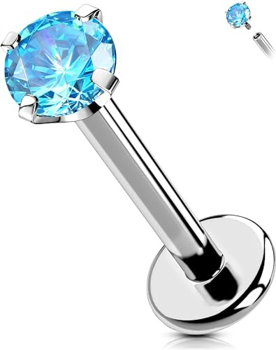 OUFER Body Piercing Internally Helix Piercings 6/8/10/12mm Labret Monroe Lip Stud Titanium 16G Tragus Conch Earring Piercing Aqua CZ Labret Lip Bars Jewellery