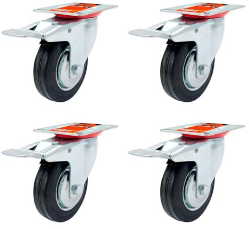 ACAN Tradineur - Pack de 4 ruedas giratorias con freno para muebles, incluyen placa de montaje, goma y hierro, rueda de transporte para cargas pesadas, industrial, Ø 100 mm