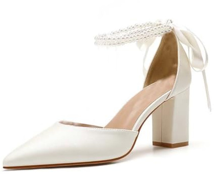 IvoireCh Chaussures de mariage blanches nacrées pour mariée à talons hauts et bout pointu Chaussures de mariée à talons carrés en satin pour bal de fin d'année, escarpins, ivoire, 37.5 EU