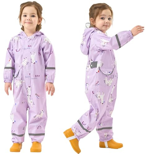 Fewlby Girls Puddle Suit All in One Waterproof Suit, Kids Rain Suit Waterproof Overalls Rainsuit Purple Unicorn Muddy Suit One Piece Raincoat Hoodie Rainwear, 8-10 Years XXL Size