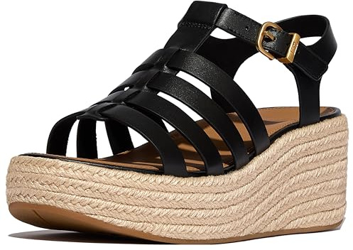 FitFlop Platfforms Espadrille Leather Fisherman Wedge Sandals, Sandalias con cuña Mujer, Negro, 37 EU
