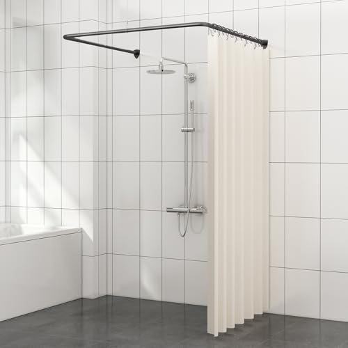 Barra per tenda doccia a forma di U, asta angolare con 12 anelli per tende e supporto a soffitto per vasca/bagno, montaggio a parete richiesto [Entrambi i lati: 60 cm - 132 cm, Centro: 78 cm - 118 cm