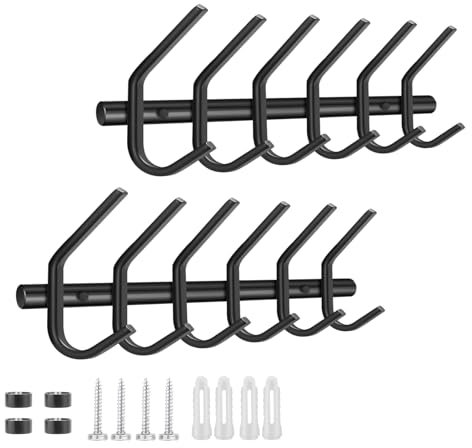 2 Stück Garderobenhaken, Kleiderhaken Wand Edelstahl mit 5 Haken, Garderobenleiste Schwarz, Hakenleiste, Haken Garderobe Set, Wandgarderobe Metall für Schlafzimmer, Badezimmer, Küche, Wohnzimmer