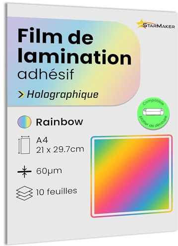 10 x A4-ark holografisk kalllamineringsfolie – självhäftande lamineringsark för foto och klistermärken – kompatibel med skärmaskin (regnbåge)