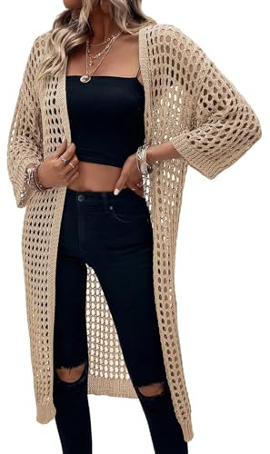 LIUYUYOUGO Cardigan Femme Cardigans Longs Au Crochet Grande Taille pour Femmes Style Bohème Pull Tricoté Creux Ouvert sur Le Devant Manches 3/4 Chauve-Souris Kimono Coupe Ample Vestes Légères D