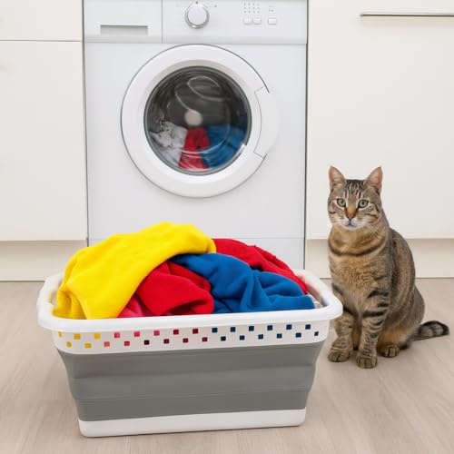 Harbour Housewares 42L Collapsible Laundry Basket - White/Grey - 1x Large Plastic Foldable Folding Pop Up Space Saving Washing Storage Clothes Container Organiser Hamper Bin with Handles